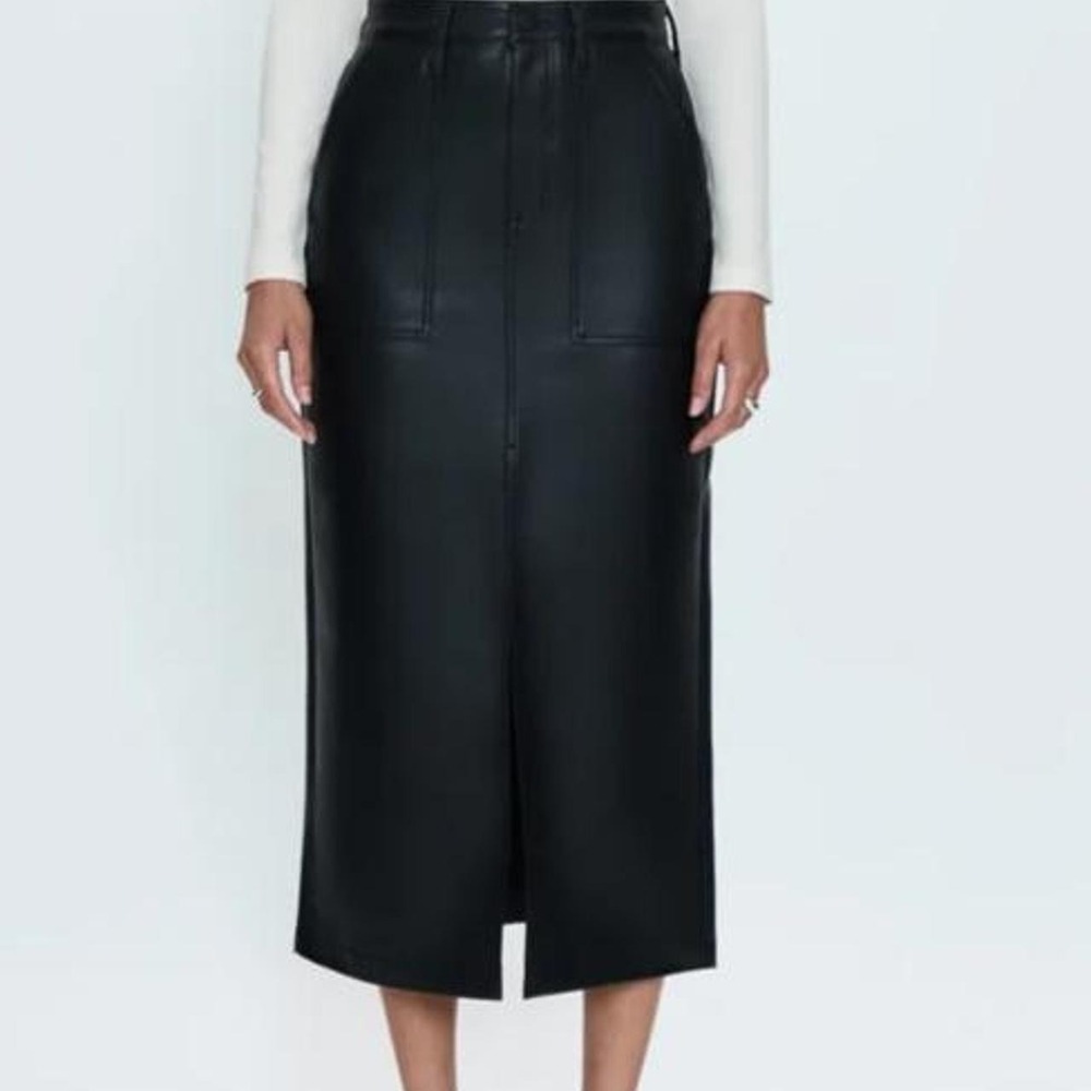 Pistola Black Faux Leather Midi Skirt Size 26 High Rise Front Slit Vegan Leather